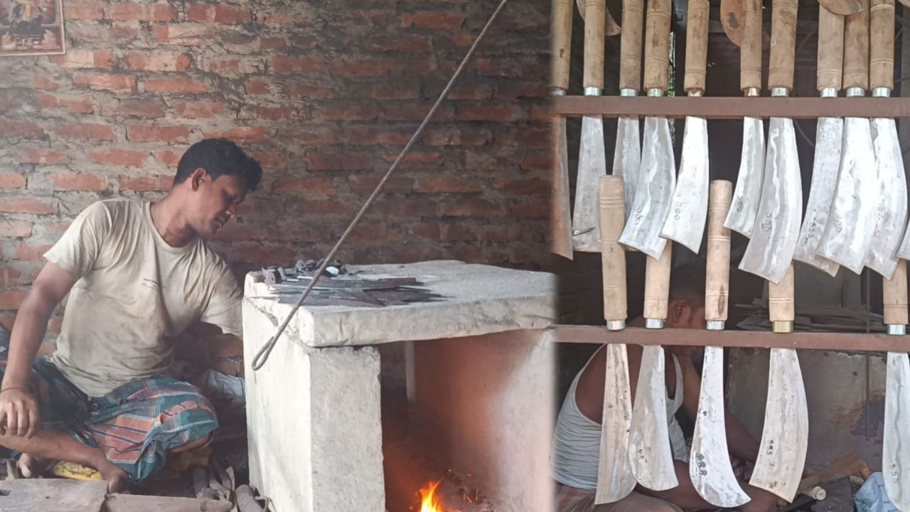 কোরবানির ঈদকে সামনে রেখে ব্যস্ততা বেড়েছে কাপ্তাইয়ের কামারের দোকানে।