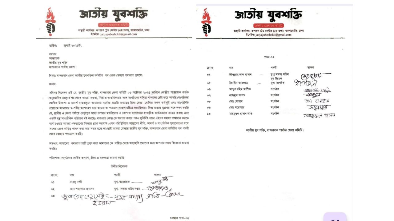 পাহাড়ের কোন্দলে পিঠ ঠেকল দেওয়ালে; বান্দরবানে যুবশক্তির একযোগে ১০ নেতার পদত্যাগ।