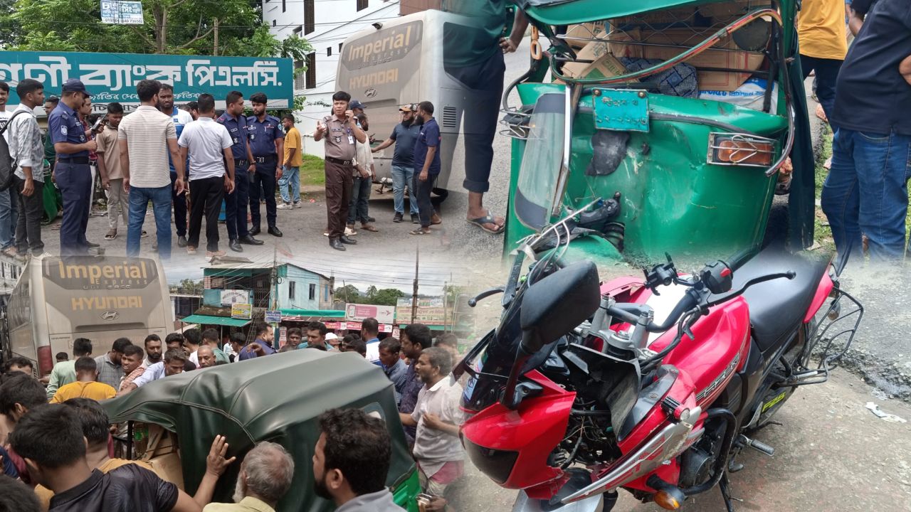 রাঙ্গামাটিতে পর্যটকবাহী বাসের পেছনে ব্রেকফেল সিএনজি সজোরে ধাক্কা, আহত ৩ জন।