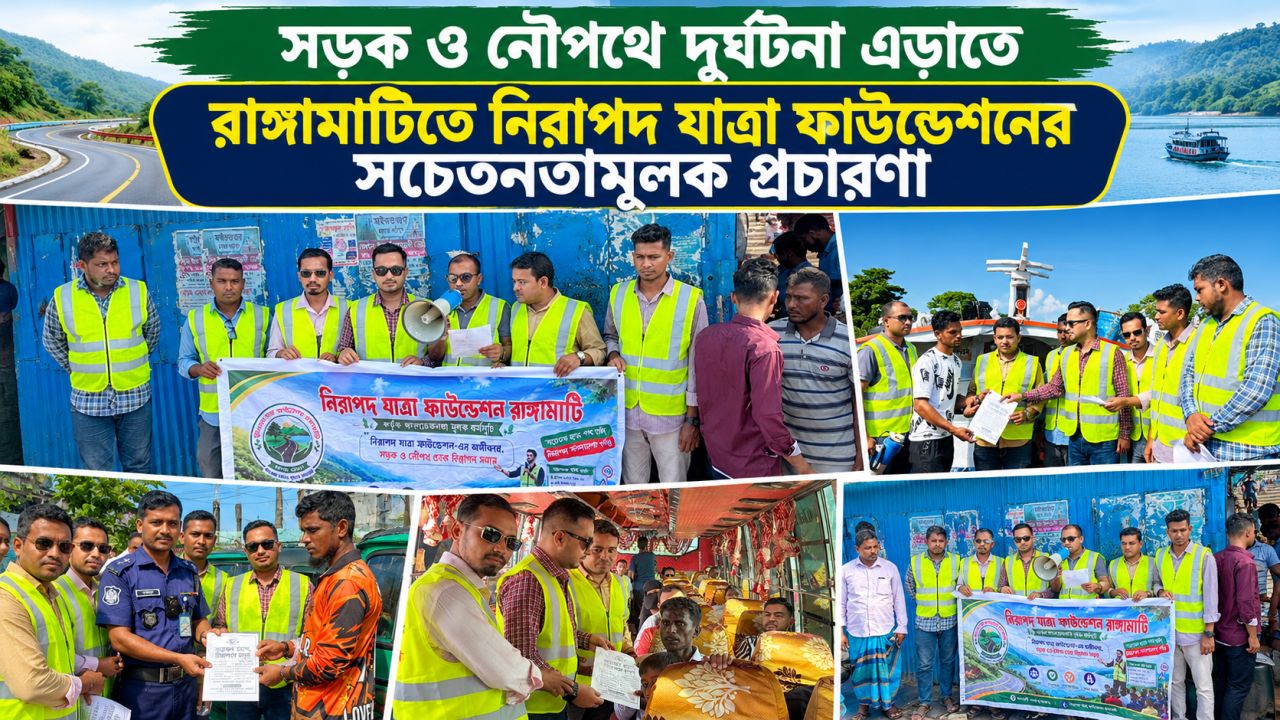 সড়ক ও নৌপথে দুর্ঘটনা এড়াতে রাঙ্গামাটিতে নিরাপদ যাত্রা ফাউন্ডেশনের সচেতনতামূলক প্রচারণা।